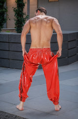 Men Red Latex Pants Sports Loose Fit Black Stripes