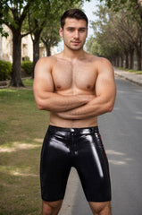 Men Latex Shorts Red Side Stripes Hidden Zipper