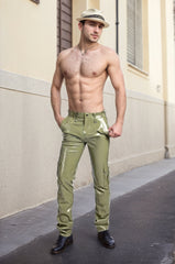 Man Latex Pants High-Waisted Olive Green Cargo Pants