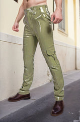 Man Latex Pants High-Waisted Olive Green Cargo Pants