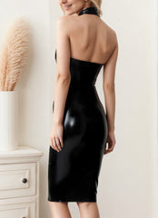 Women Latex Dresses Stud Collar Low Back Elegant Black Latex Pencil Dress