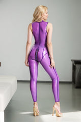 Women Latex Catsuits Sleeveless Translucent Purple Sexy Bodycon Fetishwear