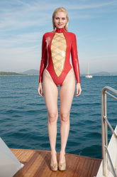 Women Latex Bodysuit Criss Crossed Long Sleeved Leotard Line Diamond Shape Front Swimwear Pool Party Outfit Beachwear