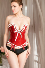 Women Latex Corsets Wave Pleats Edging Bow Red White
