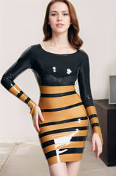 Women Latex Dresses Water Wave Stripe Mini Dress Bold Black and Gold