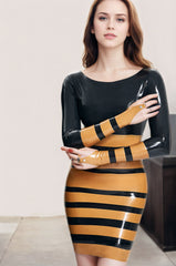 Women Latex Dresses Water Wave Stripe Mini Dress Bold Black and Gold