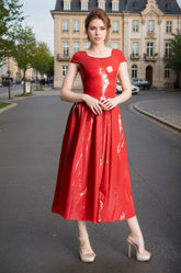 Women Latex Dress Luxurious High Waist U-Neck Ballerina-Length Party Elegant Red Latex Ball Gown