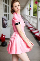 Women Latex Dresses Lolita Maid Dress Apron Adorable Sweet Pink With Puff Sleeves