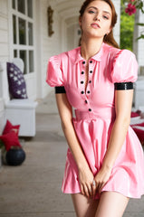 Women Latex Dresses Lolita Maid Dress Apron Adorable Sweet Pink With Puff Sleeves