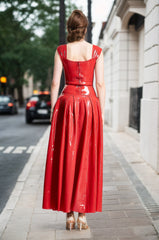 Women Latex Dress Panel-Pleated Gown Elegant Red With Square Neck Luxurious Vintage