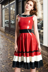 Women Latex Dress Horizontally Yours Skirt Retro Color-Block Red Flared Horizontal Stripe
