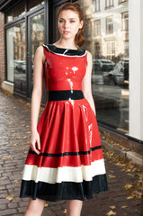 Women Latex Dress Horizontally Yours Skirt Retro Color-Block Red Flared Horizontal Stripe