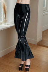Women Black Flared Latex Pants with Frill