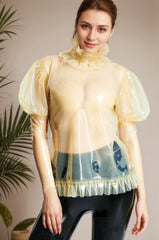 Women Latex Tops Ruffled Translucent With Puff Sleeves Victorian Inspired Latex