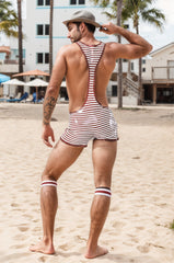 Men Red White Latex Dungarees Stripes Wrestling Suit