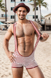 Men Red White Latex Dungarees Stripes Wrestling Suit