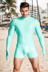 Men Latex Catsuits Mitten Sleeved Neck Entry Short