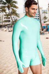 Men Latex Catsuits Mitten Sleeved Neck Entry Short