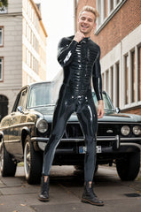 Men Latex Catsuits Muscle Chest High Collar Codpiece Classic All Black Cool Body Enhancing