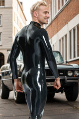 Men Latex Catsuits Muscle Chest High Collar Codpiece Classic All Black Cool Body Enhancing
