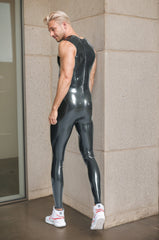 Men Latex Catsuits Classic Round Neck Sleeveless Cool Masculine Hunk Seamless Fetishwear