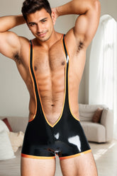 Men Latex Bodysuits Black V-neck Wrestling