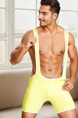 Men Latex Bodysuits Yellow Shortie Wrestling