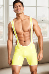Men Latex Bodysuits Yellow Shortie Wrestling