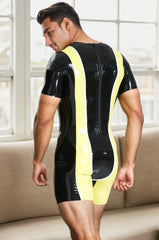 Men Latex Bodysuits Tricolor Short Sleeved Surfsuit