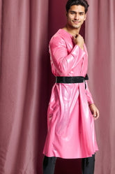 Men Latex Dressing Gowns Latex Jackets & Coats Pink Girly Casual with Black Tie Belt