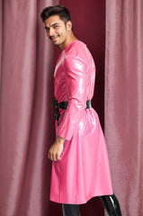 Men Latex Dressing Gowns Latex Jackets & Coats Pink Girly Casual with Black Tie Belt