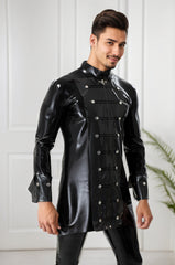 Men Latex Jackets & Coats Retro Victorian Pirate Metal Buttons Black Cool