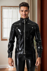 Men Latex Jacket Zip Biker Black