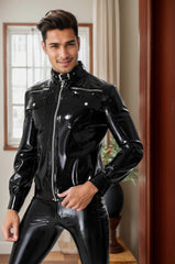Men Latex Jacket Zip Biker Black