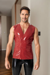 Men Latex Tops & Vests Double Breasted Formal Waistcoat V neck Tough Guy Red Waistcoat