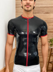Men Latex Tops Black Front Zipper