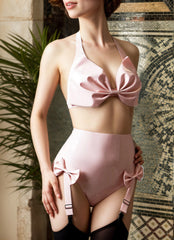 Women Latex Lingerie Sets Halter Adjustable Bow Fetishwear