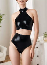 Women Latex Lingerie Black Sexy Two-Piece Set High-Neck