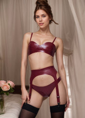 Women Latex Lingerie Sets Burgundy Fetishwear Sensual