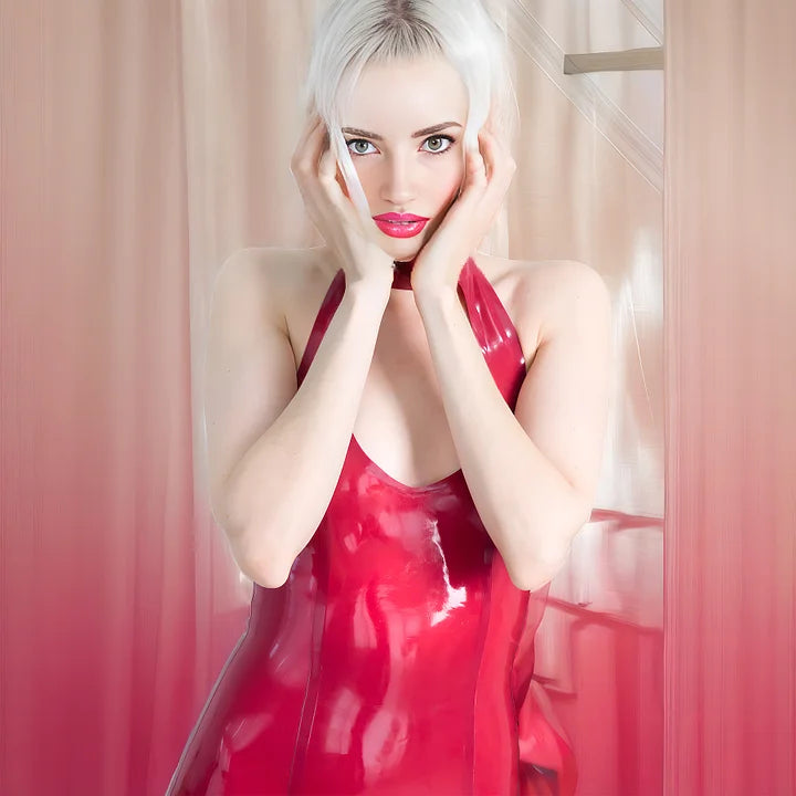 Women Latex Mini Dress Sea Red Deep V