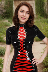 Women Black Latex Dress with Red Lace Up