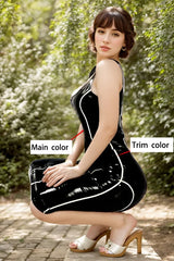 Women Black Sleeveless Latex Dresses White Trim