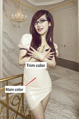 Women Pink Latex Dress Open Bust Puff Sleeves