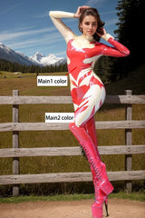 Women Red Latex Catsuits Sheer Feather Accent