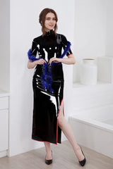 Women Black Latex Dress Butterfly Dynasty Cheongsam