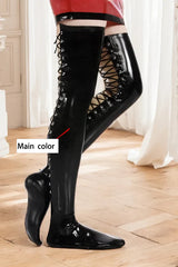 Women Black Latex Stockings Laced Back Thigh High
