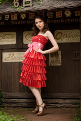 Women Red Latex Dress Layers Tiered Ruffle
