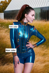Women Metallic Blue Latex Tops Studs Chains
