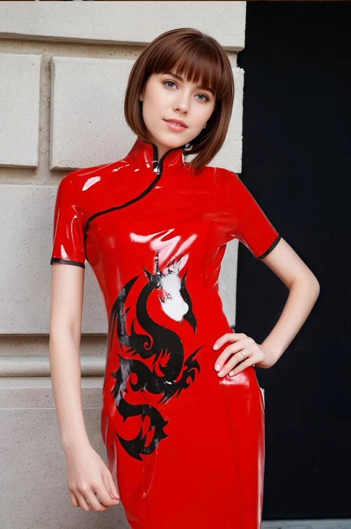 Women Red Latex Dress Flirty Dragon Lady