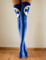 Women Blue Latex Nurse Thigh-High Stockings